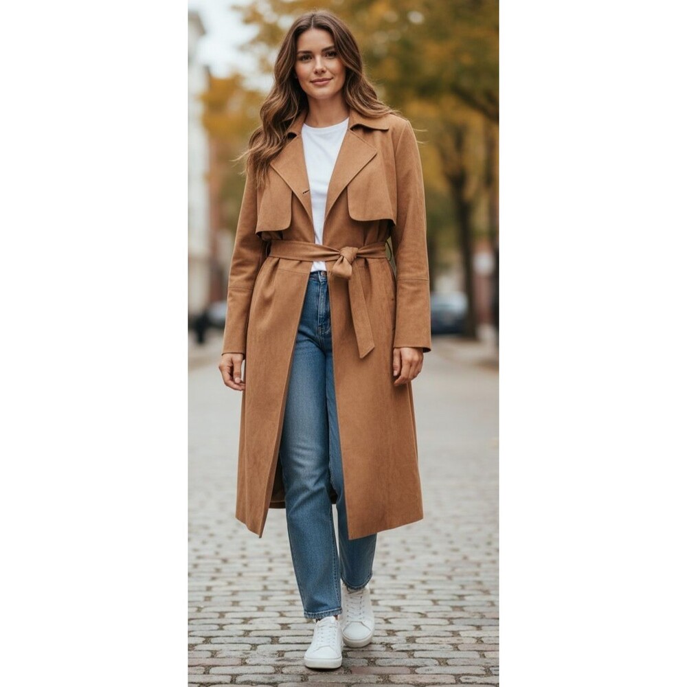 DESIGNER H&M TAN FAUX SUEDE BELTED MIDI LENGTH 48" TRENCH COAT SIZE XLARGE - Picture 10 of 16